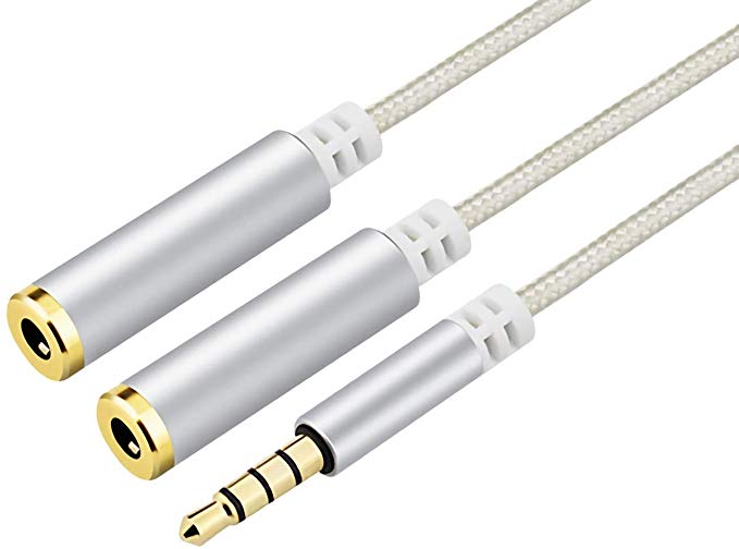 Headphone Splitter, Strong Braided & Gold-Plated 3.5mm Stereo Audio Y Splitter Cable 4-Pole Male to 2-Female Port Audio Stereo Cable Dual Headphone Jack Adapter Silvery
