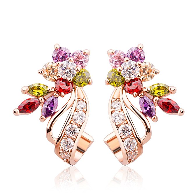 BAMOER Gorgeous Flower Design Rose Gold Plated Multi Color Cubic Zirconia Stud Earrings 2 Style
