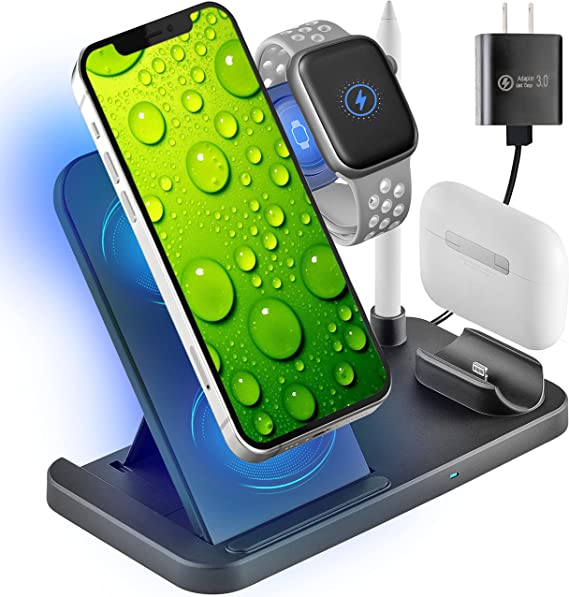 C&Berg 4 in 1 Charging Station Apple, 15W Fast Charger Portable Dock Stand, Compatible w/Qi-Certified Devices, iPhone 13/13 Pro/12/12 Pro/SE/11/X NoteS8/9/10, iWatch, Airpods & Apple Pencil 3 in 1
