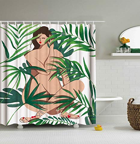 Waterproof Banana Leaf Fabric Shower Curtain, Green Leaf Girls Picture Painting Effect Artwork Prints Shower Curtain Set With 12 Ring Hooks, 72×72 Inch