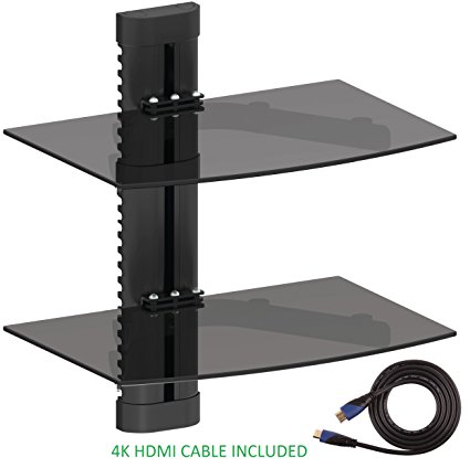 Jestik Wall Mount Shelf - Floating Shelf, TV Shelf, Media Shelf - Easy Mounting Solution - Adjustable Shelves for DVD Players, Cable Boxes, Games Consoles, TV Accessories, Plus 4K HDMI Cable (2 Shelf)