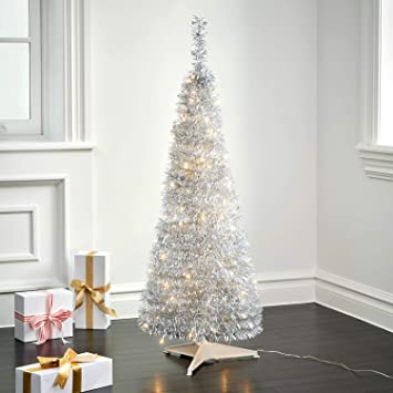 Pop Up Christmas Tree with Lights - 4 Ft, Silver Tinsel, Collapsible for Easy Storage, 100 LED Lights Included, Slim 17 Inch Diameter, Prelit Modern Style Artificial Pencil Tree