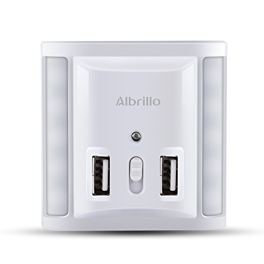 Albrillo Night Light Plug in Dusk to Dawn Sensor and 2 USB Charger, Dimmable