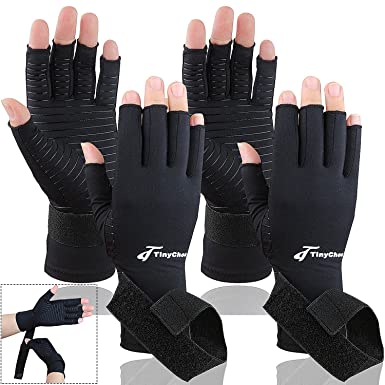 Tiny Chou 2 Pairs Copper Compression Arthritis Gloves with Adjustable Strap for Carpal Tunnel,Typing,Support (Large/X-Large (2 Pairs)), Black