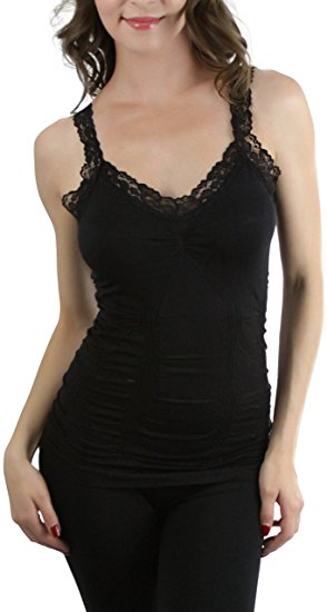 ToBeInStyle Women's Wrinkled Camisole with Lace Trim Straps