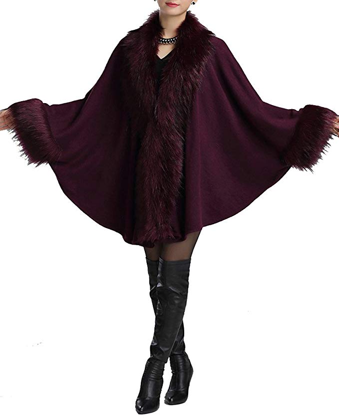 Helan Women's Fashion Luxury Pure Color Faux Fur Cape Coat
