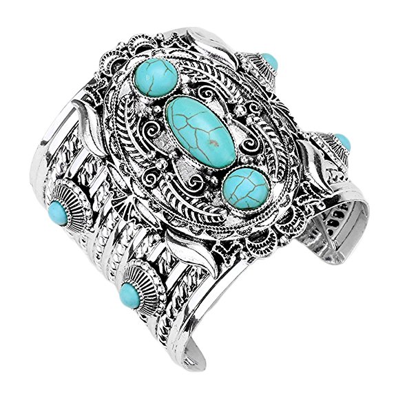 Aris Chunky Metalwork Cabochon Squash Blossom Turquoise Stone Cuff Bracelet Bundle: Bangle & Bag