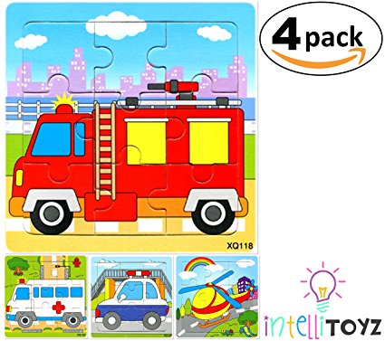 INTELLITOYZ Set of 4: 9 Piece Colorful Wooden Educational Emergency 911 Vehicle Puzzles. Includes Fire Truck, Ambulance, Police Car and Helicopter