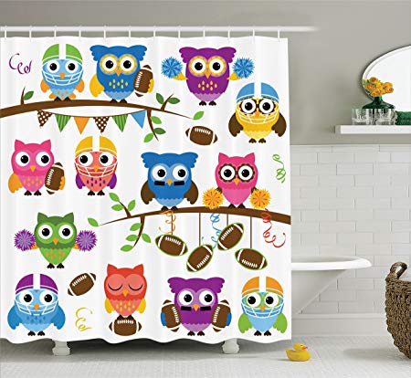 Ambesonne Owls Shower Curtain, Sporty Owls Cheerleader League Team Coach Football Themed Animals Cartoon Art Style, Cloth Fabric Bathroom Decor Set with Hooks, 75 Inches Long, Multicolor