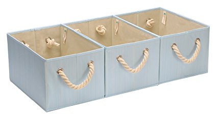 StorageWorks Polyester Storage Box with Strong Cotton Rope Handle, Foldable Basket Organizer Bin, Light Blue, Bamboo Style, Medium, 3-Pack