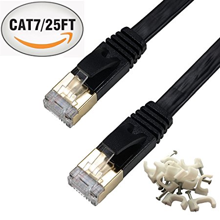 Cat 7 Ethernet Cable 25 ft Black –with Cable Clips Flat Internet Network Cable–Cat 7 Computer Rj45 Connectors – 25 feet Black
