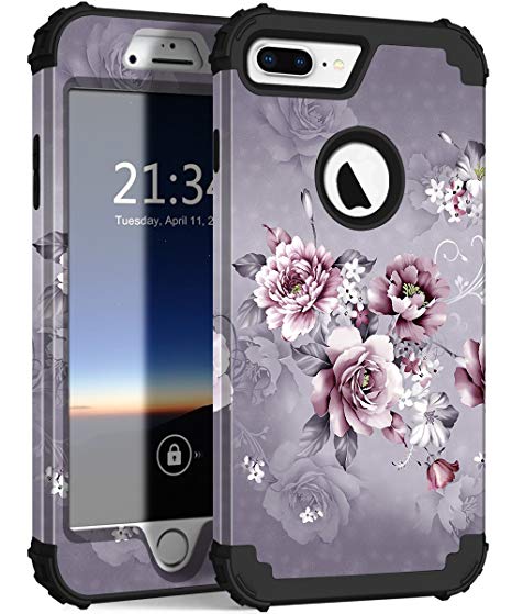 iPhone 8 Plus Case, iPhone 7 Plus Case, Hocase Heavy Duty Shockproof Protection Hard Plastic Silicone Rubber Hybrid Protective Case for iPhone 8 Plus/iPhone 7 Plus - Light Purple Flowers