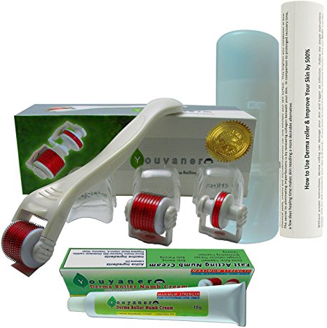 Youyaner Detachable Derma Roller PREMIUM Bundle Kit (540 Titanium Microneedles System has 3 Best Dermaroller Heads (Size 0.75 mm, 1.0 mm) + FREE Travel Case + 4 Page How-to Guide) Superb Natural Removal of Wrinkles, Laugh Lines, Pitted Acne Scars, Stretch Marks, Crows Feet, Surgical Scarring with Micro Skin Needling Treatment and Collagen Induction Therapy (100% CE Approved Dermal Rollers)