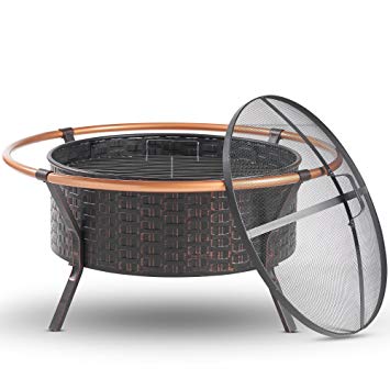 VonHaus Copper Rim Fire Pit Bowl with BBQ Grill Rack, Spark Guard & Poker – Outdoor Steel Garden Heater/Burner for Wood & Charcoal