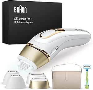 Braun Silk·expert Pro 5, épilateur à lumière pulsée, épilation semi-définitive à la maison, avec Vanity-case, 4 Têtes et Rasoir Venus, alternative à l’épilation au laser, Blanc/Doré, PL5342