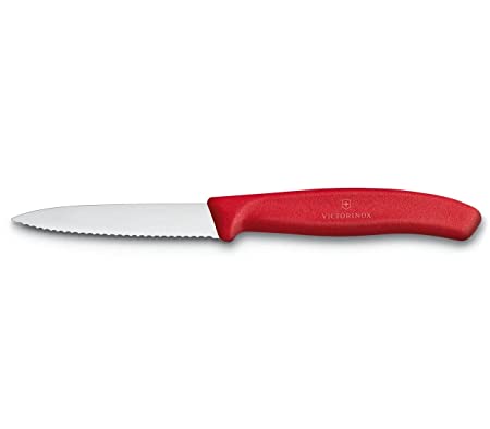 Victorinox Kitchen Knife, Stainless Steel Swiss Made Vegetable Cutting and Chopping Knife, Serrated Edge, 8 cm, Red