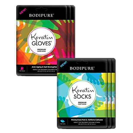 3 3 Keratin Gloves & Socks Premium Hand Treatment & Foot Treatment Masks by Bodipure for Dry Hands & Softening Feet - Nail Strengthening & Skin Nourishing