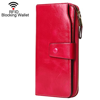 Dante RFID Blocking Large Capacity Wax Real Leather Wallet Clutch Travel Purse for Women