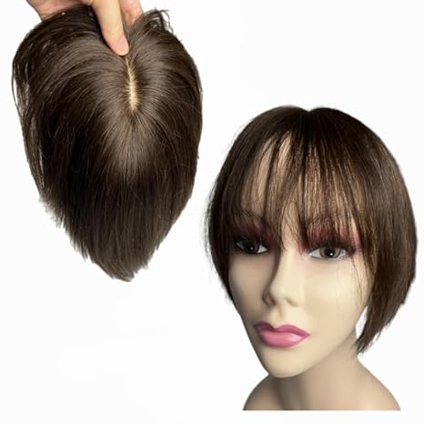 10x12 Lace Base Human Hair Toppers With Hair Bangs Fringe Hair Invisible Natural Hairpiece Clip In Hair Extension For Hair Volume (20cm (8inch), Dark Brown)