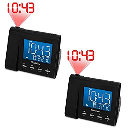 Electrohome Projection Alarm Clock with AM/FM Radio, Battery Backup, Auto Time Set, Dual Alarm, Sleep Timer, Indoor Temperature/Day/Date Display with Dimming & Audio Input for Smartphones - 2 Pack