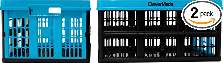 CleverMade CleverCrates 45 Liter Collapsible Storage Bin/Container: Grated Wall Utility Basket/Tote, Sapphire Blue, 2 Pack