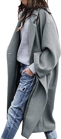 Chartou Notched Collar Oversized Long Trench Coat Single Breasted Wool Blend for Women Grey Medium, Gray, M