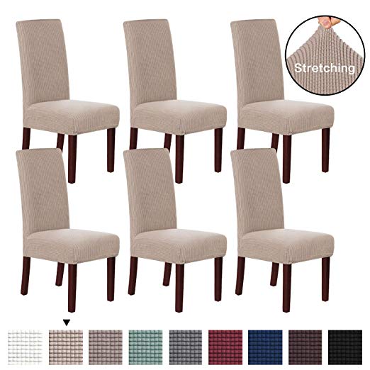 H.VERSAILTEX 6 Pack Stretch Dining Room Chair Slipcovers Sets Stretch Chair Furniture Protector Covers Jacquard Removable Washable Elastic Bottom Chair Cover for Dining Room, Hotel, Ceremony - Sand