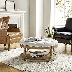 HULALA HOME Large Round Ottoman Coffee Table with Storage, Button Tufted Cocktail Ottoman with Shelf & Solid Wood Legs, Upholstered Farmhouse Footrest Ottoman for Living Room, Ivory