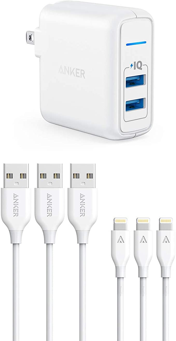 iPhone Charger, Anker 24W 2-Port USB Wall Charger with 3 Pack 3ft Apple MFi Certified Lightning Cables, for iPhone SE / 11/11 Pro / 11 Pro Max/XS/XS Max/XR/X / 8, iPad and More