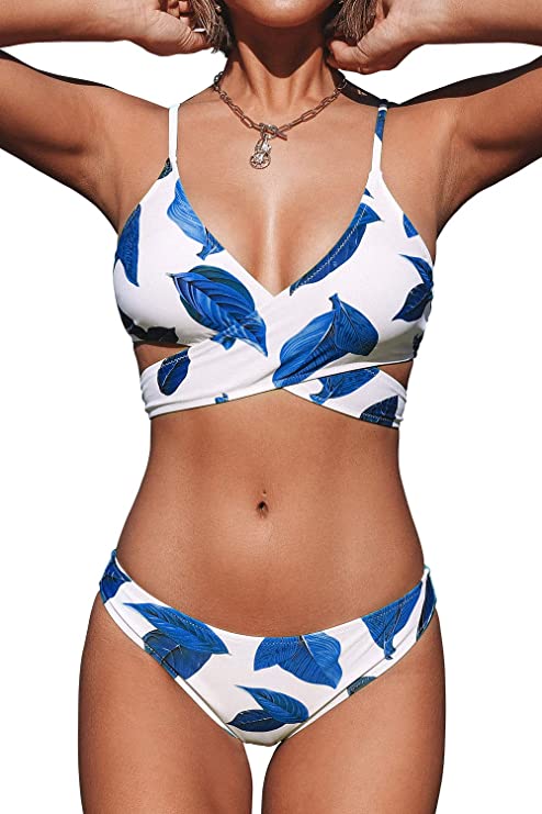 CUPSHE Women's Fresh Leaves Printing Cross Padding Bikini Set