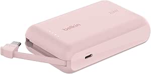 Belkin Power Bank, Portable Power Bank with Integrated Cable 10K PD 20W - Fast Charge USB-C Power Delivery, Portable iPhone Charger for iPhone 16 Series, iPad Pro, Galaxy S24, and More - Pink