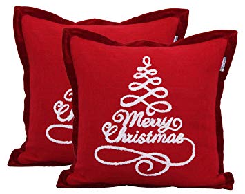 Christmas Decorative Embroidery Cushion Cover ,Throw Pillow Case For Home Sofa Couch Chair Back Seat,2pc pack 18x18 inch in Cotton Textured Slub with Velevet Flange CHRISTMAS Design in Red Colour .