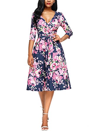 Dokotoo Womens Casual 3 4 Sleeve V Neck Wrap Floral Print Dress with Belt