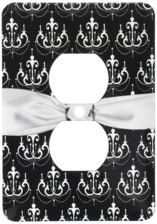 3dRose lsp_102637_6 Elegant Black & White Chandelier Damask Faux Diamond Ribbon 2 Plug Outlet Cover