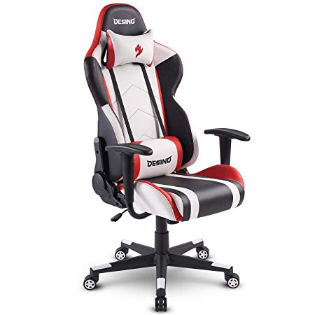 DESINO Gaming Chair Racing Style Home & Office Ergonomic Swivel Rolling Computer Chair with Headrest and Adjustable Lumbar Support (White)
