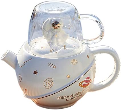 YBK Tech Creative Astronaut-Design Tea for One, 14.5oz Ceramic Teapot and 6.2oz Glass Cup (White)