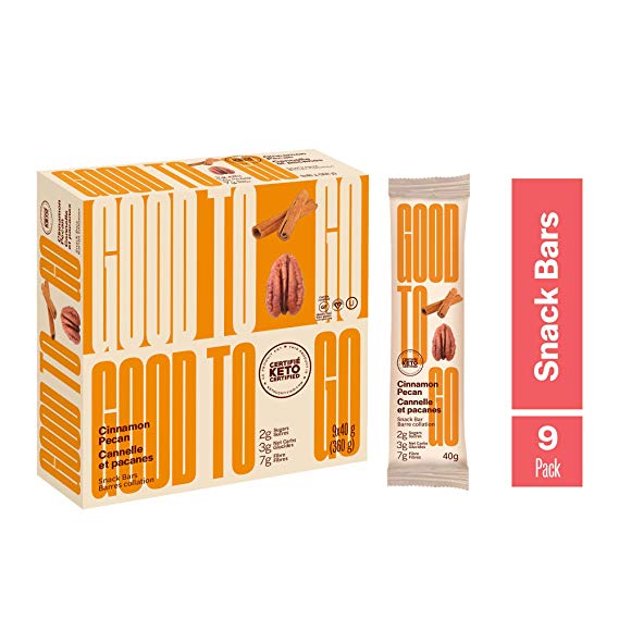 GOODTO GO Cinnamon Pecan Soft Baked Bars, Net Weight/Bar 1.41 oz. Caddies. Each caddy carries 9 snack bars; this Delicious Snacks Contain Organic Ingredients, Keto Certified, Non-GMO Project Verified, Gluten Free Ingredients, Peanut Free, Vegan, Kosher