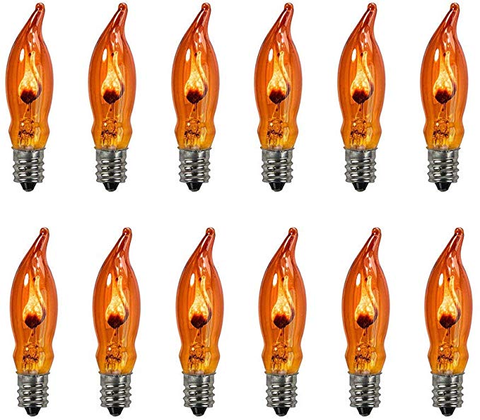 12 Pack Flame Bulb Flicker Flame Bulbs Flame Crystal Replacement Bulbs with Candelabra 1 Watts/120 Volts/ E12 Base and Flame Tip Bulb (Orange)