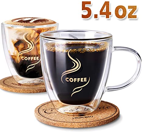 Coffee Mugs, HOKEKI Double Walled Anti-scalding Glass Coffee Cups with Coasters Insulated Espresso Cups Cappuccino Clear Mugs 5.4oz（Set of 2）