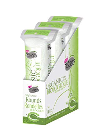 Swisspers Organic 100% Natural Organic Cotton Rounds, 80-Count Rounds per Pack, 3 Packs (240 Rounds Total)