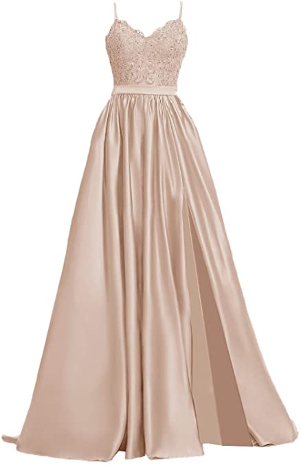 APXPF Women's Lace Prom Dresses Long Satin Slit Formal Evening Gowns with Pockets