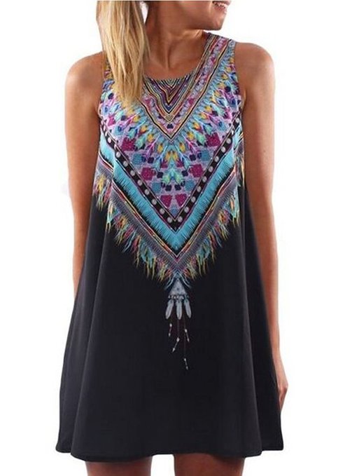 OURS Women's Summer Sleeveless Tribal Printed Casual Mini Beach Floral Tunic Dress
