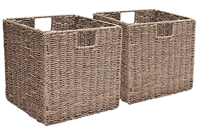 Hand-Woven Storage Baskets With Iron Wire Frame, Foldable Seagrass Storage Bins By StorageWorks, Large, 12"x12"x12"