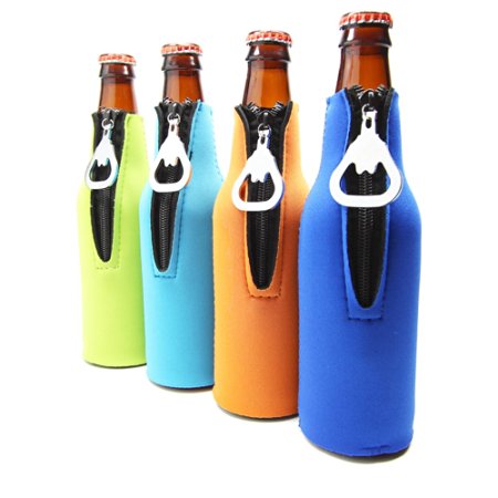 Beer Bottle Coolers with Attached Bottle Openers - Pack of 4 Neoprene Insulator Coolie Sleeves with Keychain Beer Openers on Zipper - 4 Holders - By Flipped Style