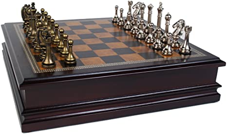 John N. Hansen Metal Chess Set with Deluxe Wood Board and Storage-2.5-Inch King