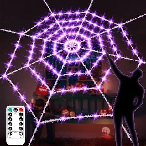 Halloween Decorations 190 LEDs Spider Web Lights, 8.75 Ft Super-Realistic Giant Cobweb Indoor Outdoor Purple Lights, 8 Modes Remote Control Battery Operated Light for Halloween Décor Party Garden Yard