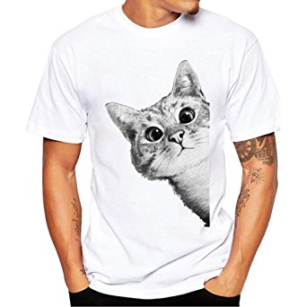 iLH® ZYooh Fashion Boys Mens Round Neck T-shirt,Fun Cat Printing Casual Short Sleeve Tee Cotton Solid Color Short Tops