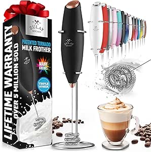 Zulay Kitchen Tornado Whisk Milk Frother Handheld - Coffee Frother Wand With Stand - Triple Whisk Hand Held Mixer - Electric Stirrer Frothing Wand for Latte, Matcha, Protein Powder - Black Copper