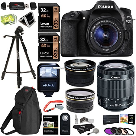 Canon EOS 80D Digital SLR Camera Kit EF-S 18-55mm Image Stabilization STM Lens   Polaroid .43x Super Wide Angle & 2.2X HD Telephoto Lens   X2 32GB Memory Cards   Flash   Filters   Accessory Bundle