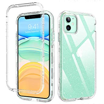 DUEDUE iPhone 11 Case 6.1" Clear,3 in 1 Glitter Shockproof Drop Protection Heavy Duty Hybrid Hard PC Transparent TPU Bumper Full Body Protective Case for iPhone 11 6.1"(2019) for Women/Girls,Clear